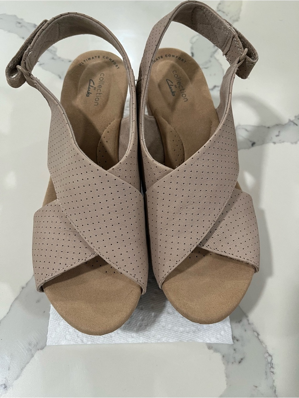 Clarks Women's Blush Taupe Perforated Crisscross Wedge Sandals